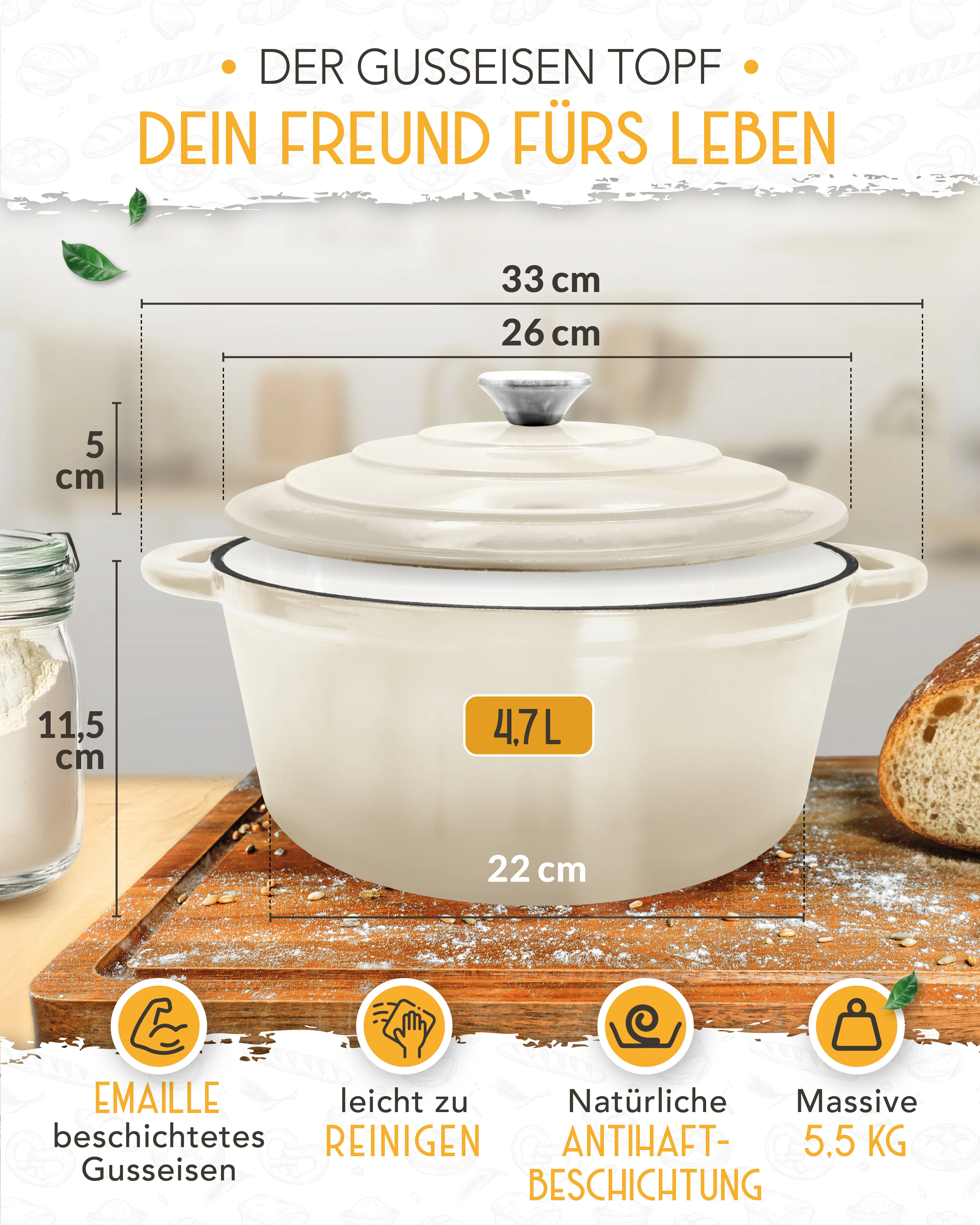 26cm Emaille Gusseisentopf in Creme - Einzeln - Image 4