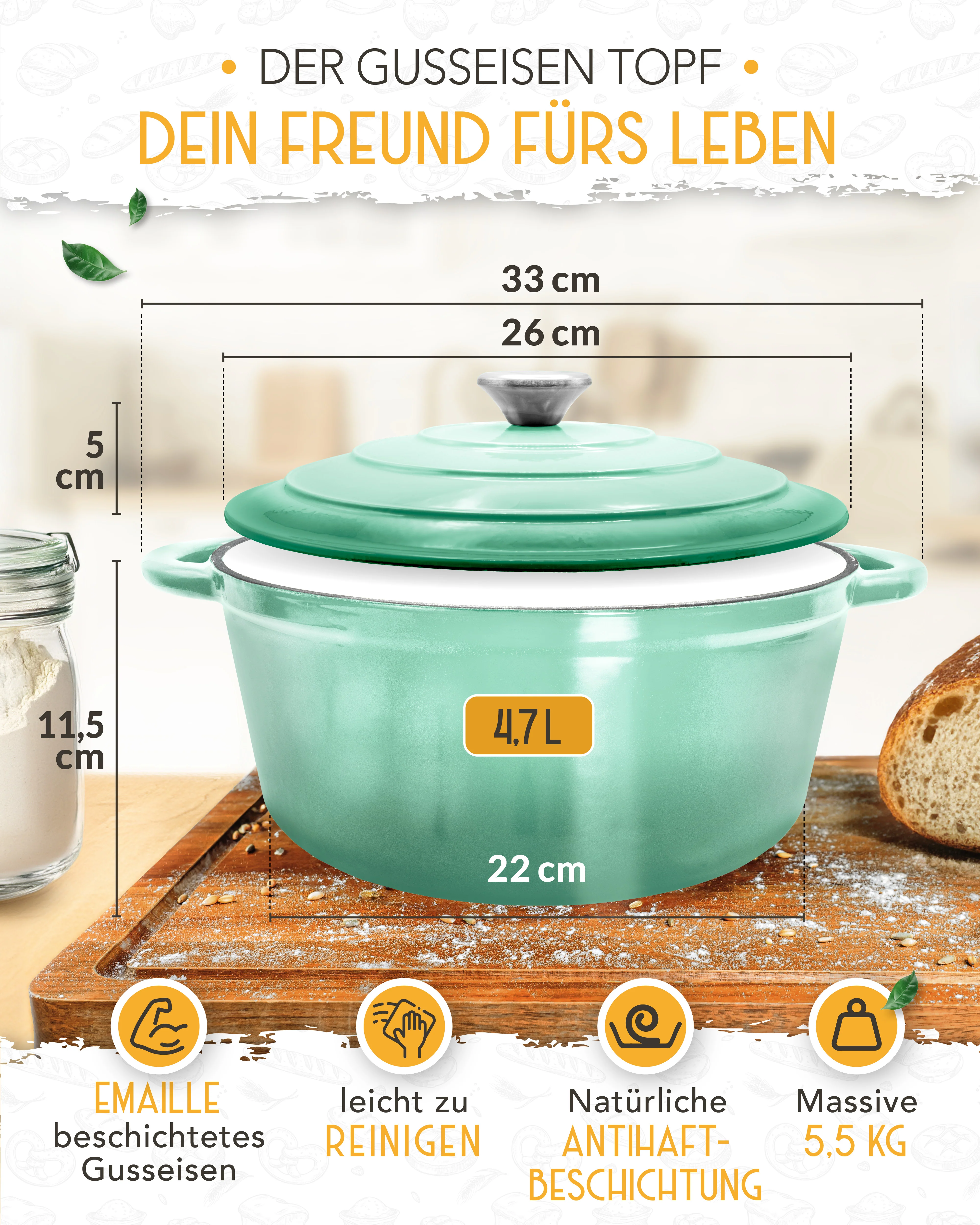 26cm Emaille Gusseisentopf in Mintgrün - Einzeln - Image 4