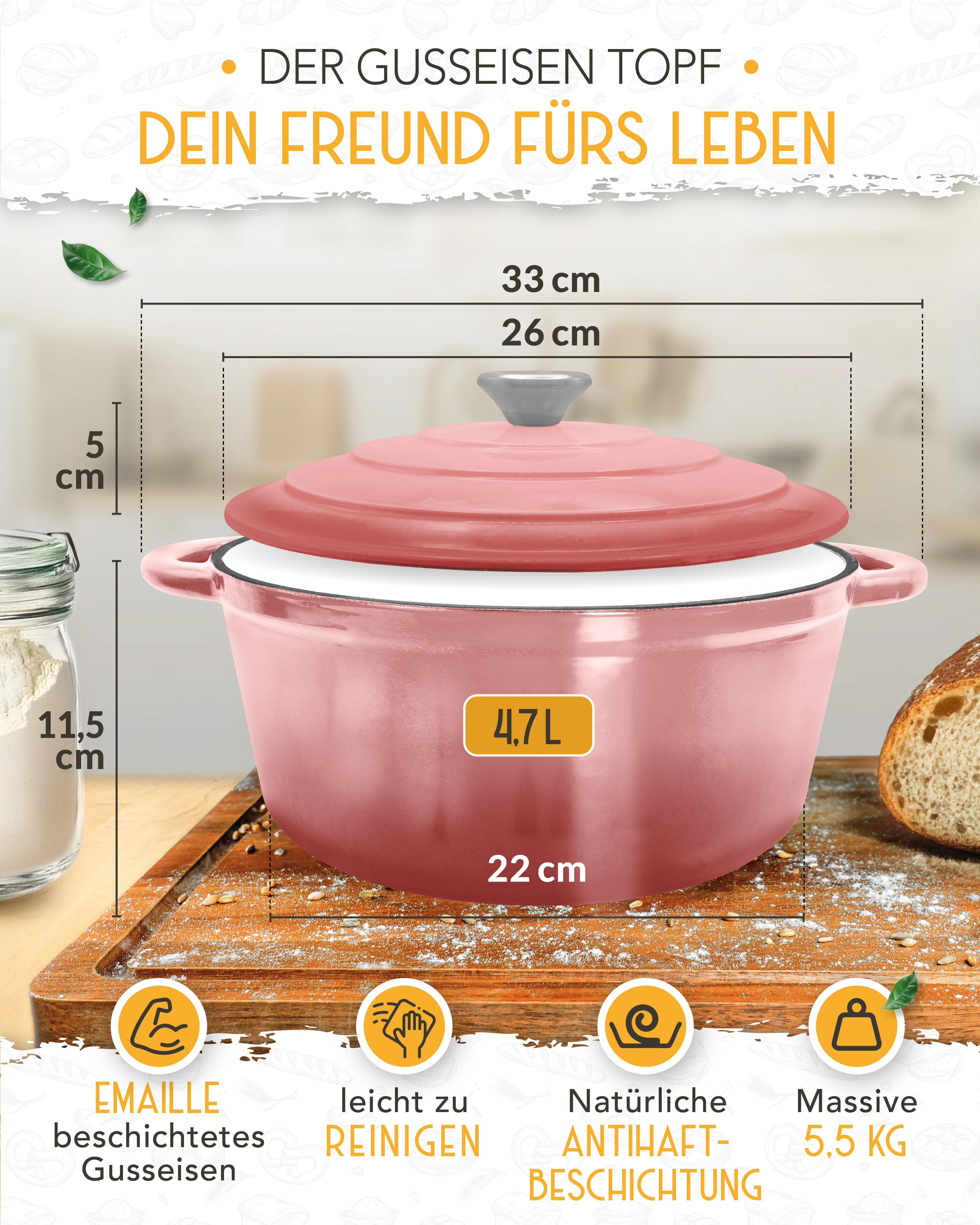 26cm Emaille Gusseisentopf in Rosa - Einzeln - Image 4