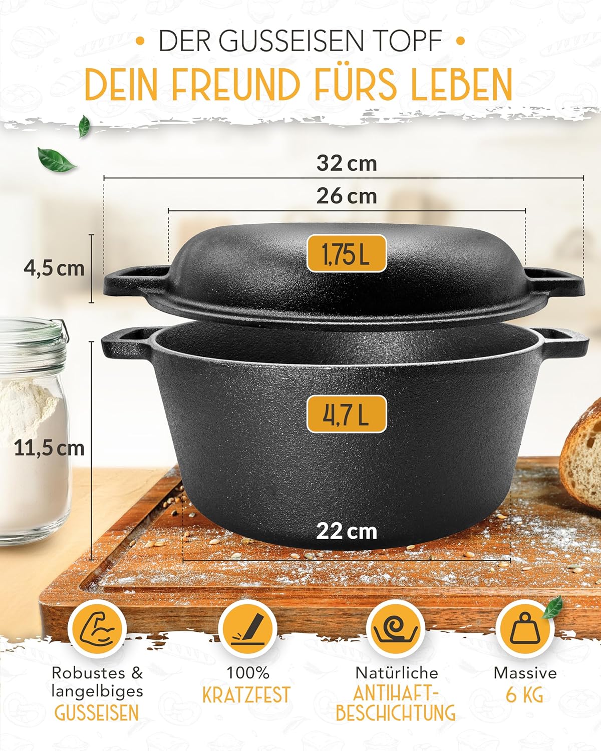 26cm Gusseisen Topf Brot backen - Einzeln - Image 4