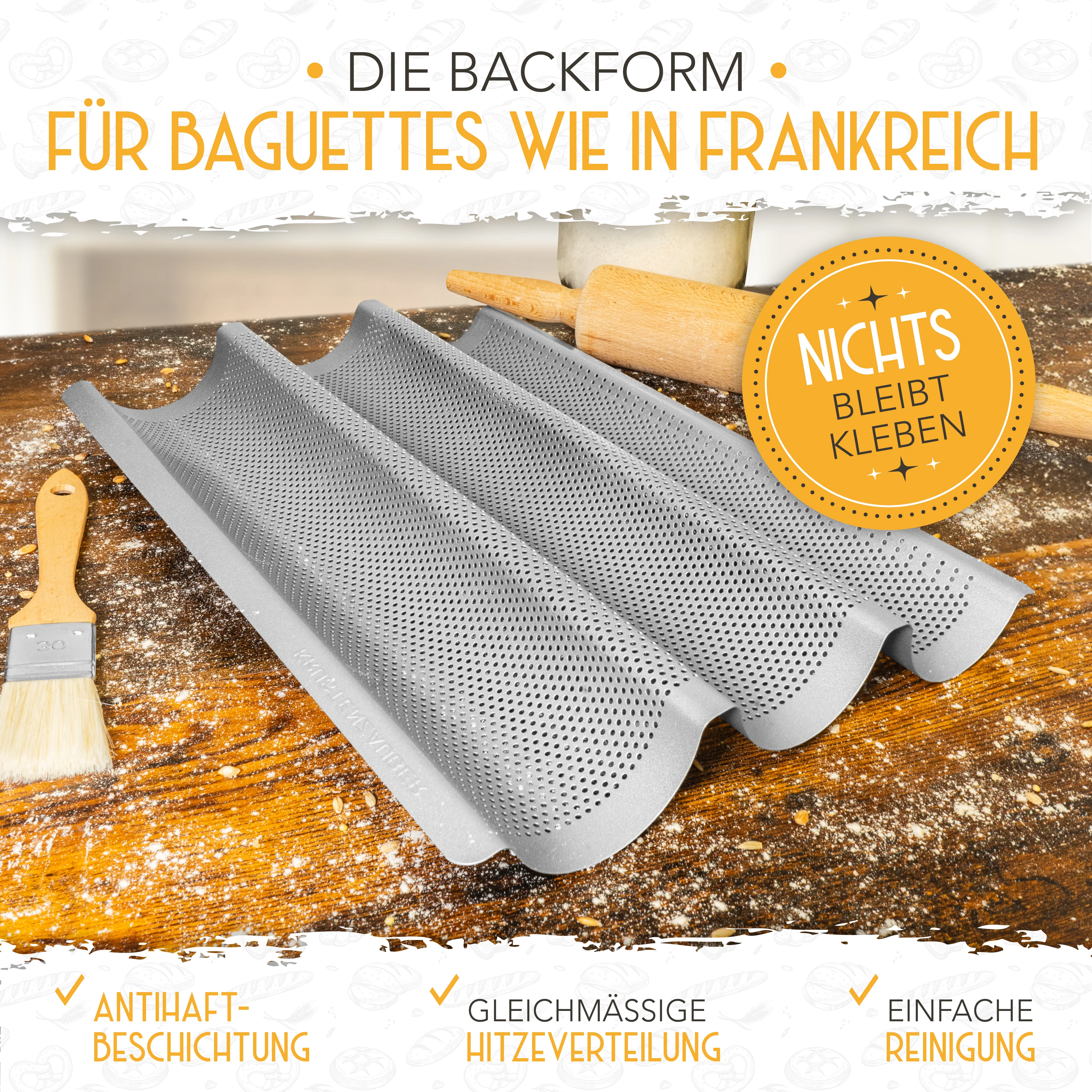 Baguette Backform (3 Mulden) + Bäckermesser + Bäckerleinen - Image 7