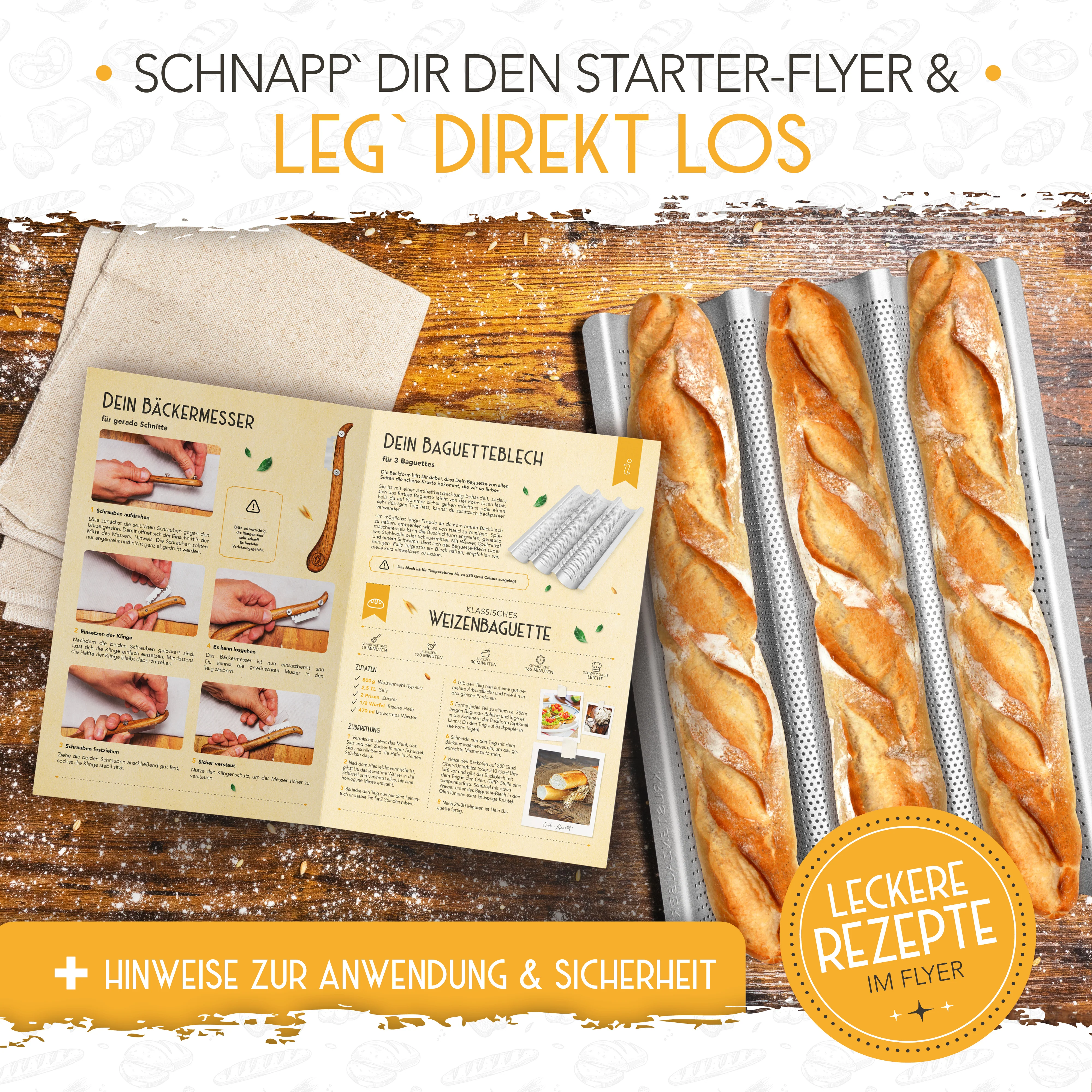 Baguette Backform (3 Mulden) + Bäckermesser + Bäckerleinen - Image 8