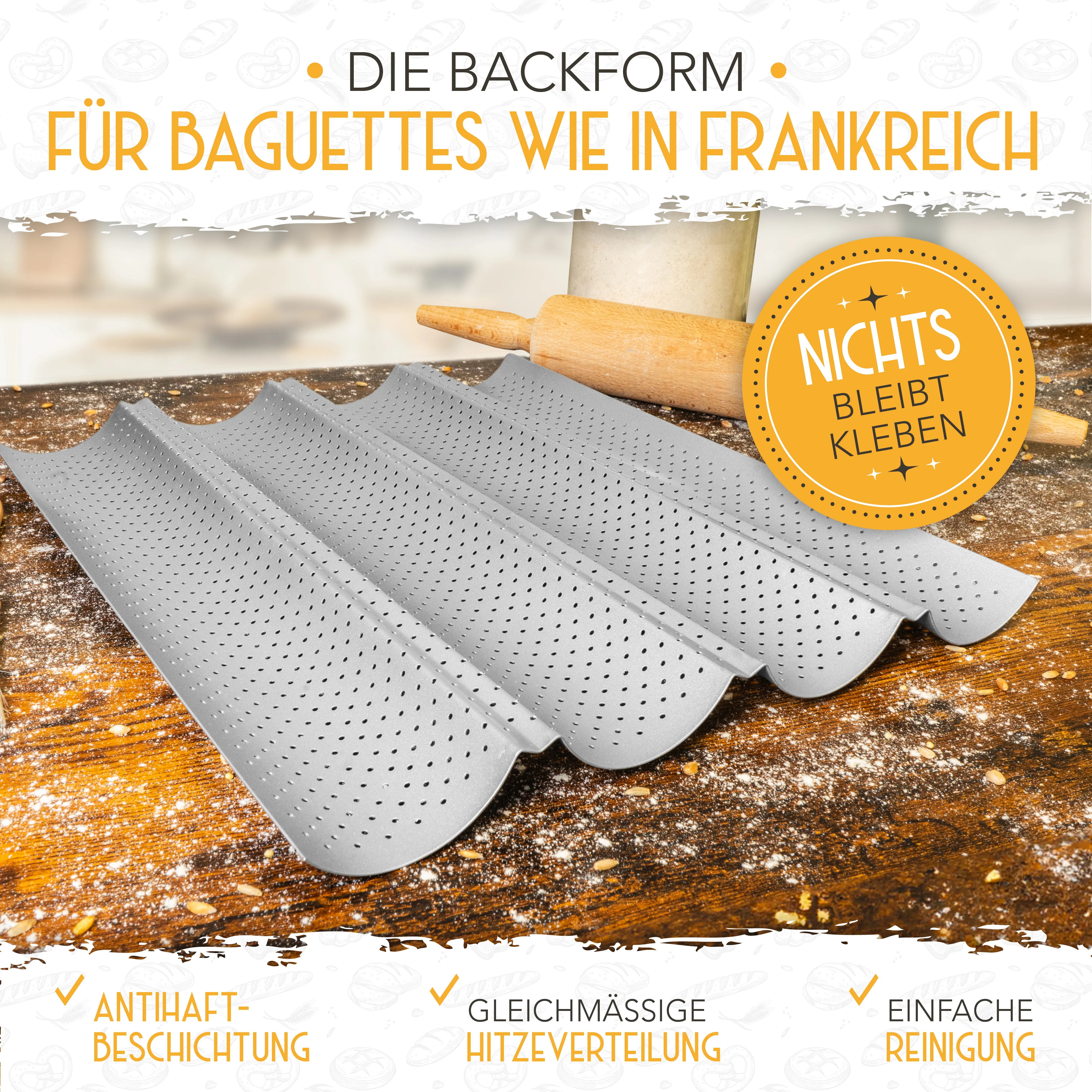 Baguette Backform (4 Mulden) + Bäckermesser + Bäckerleinen - Image 7