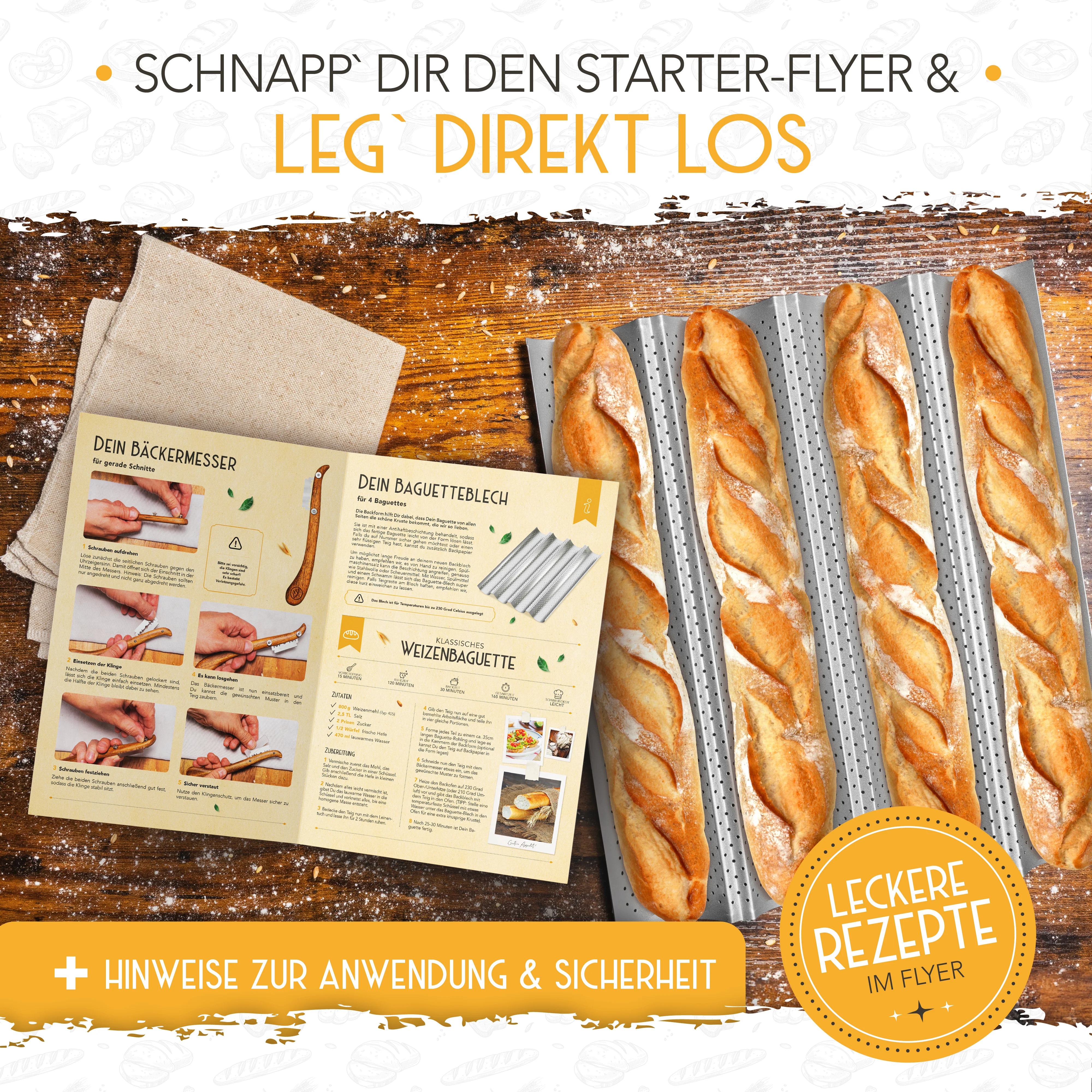Baguette Backform (4 Mulden) + Bäckermesser + Bäckerleinen - Image 8