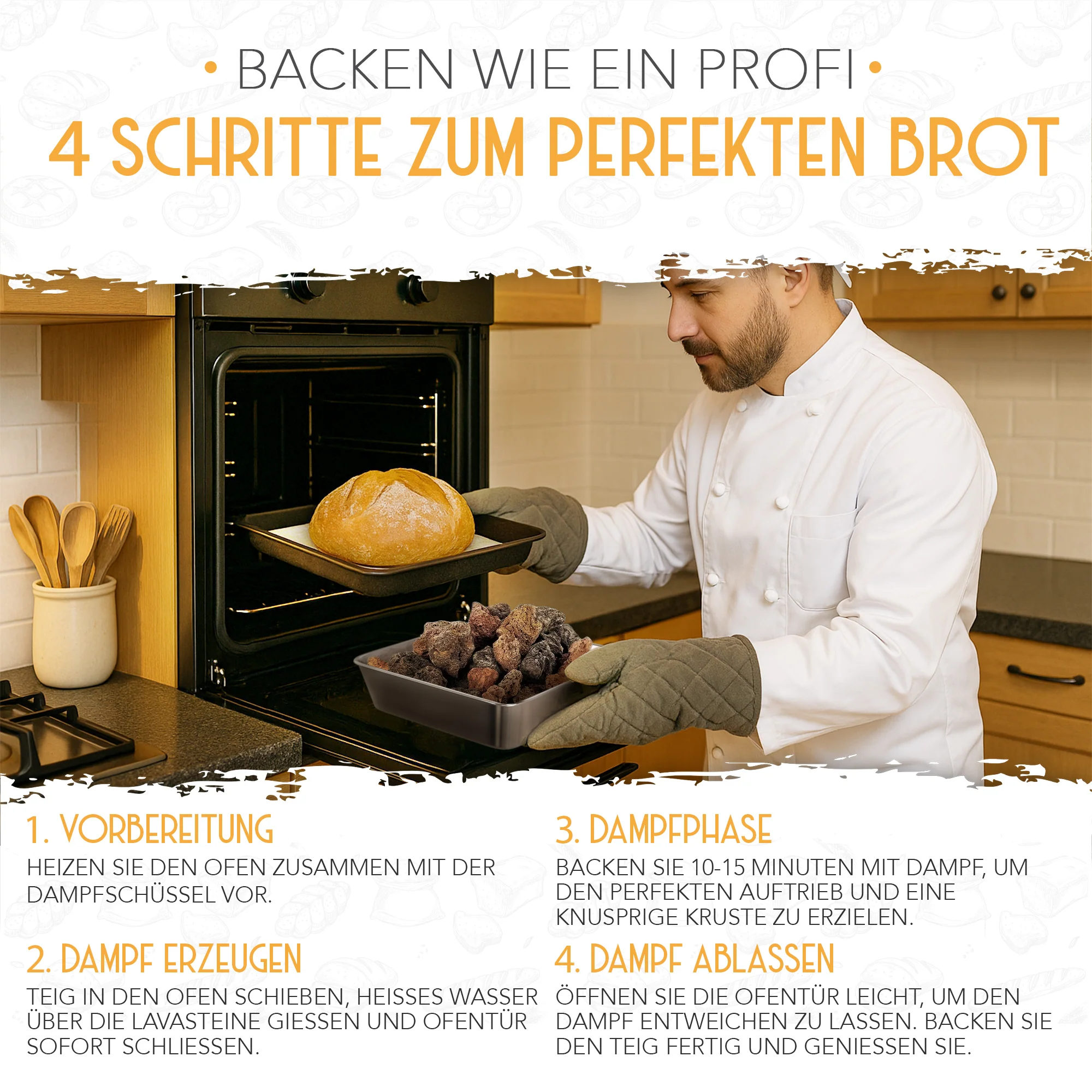 Lavasteine samt Edelstahl Dampfschüssel zum Brot backen - Image 3