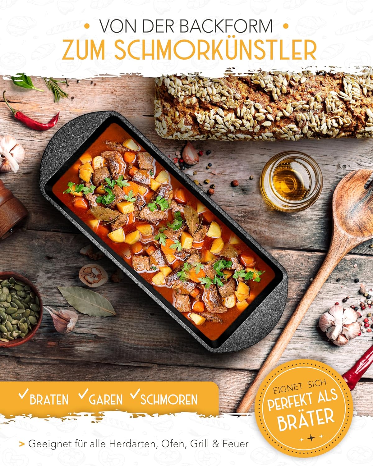 Rechteckige 28cm Backform aus Gusseisen mit Deckel - Einzeln - Image 5