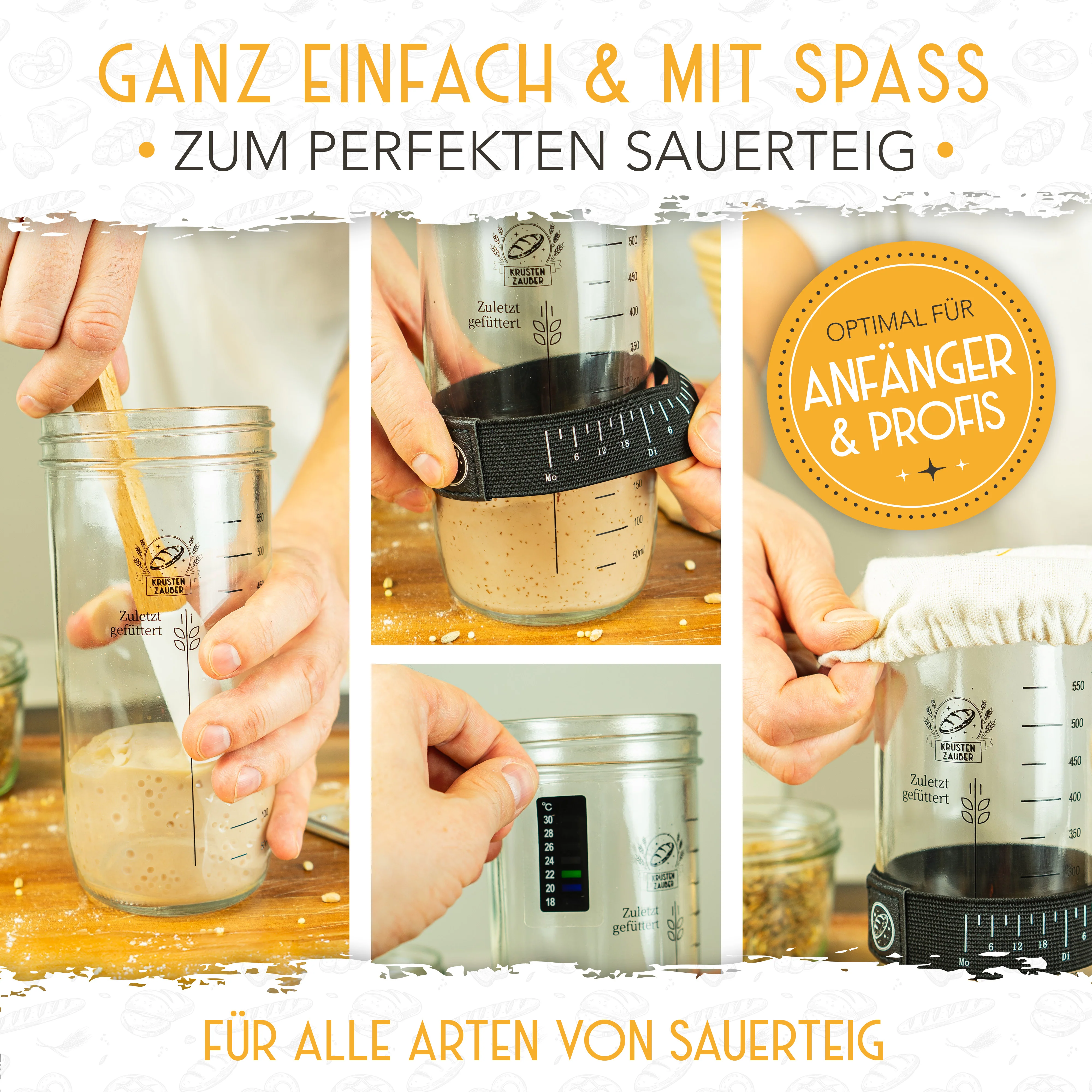Vorteilspack - 2x Gärkörbchen, 600ml Sauerteig Starter Set, Bäckermesser, Spatel - Image 3